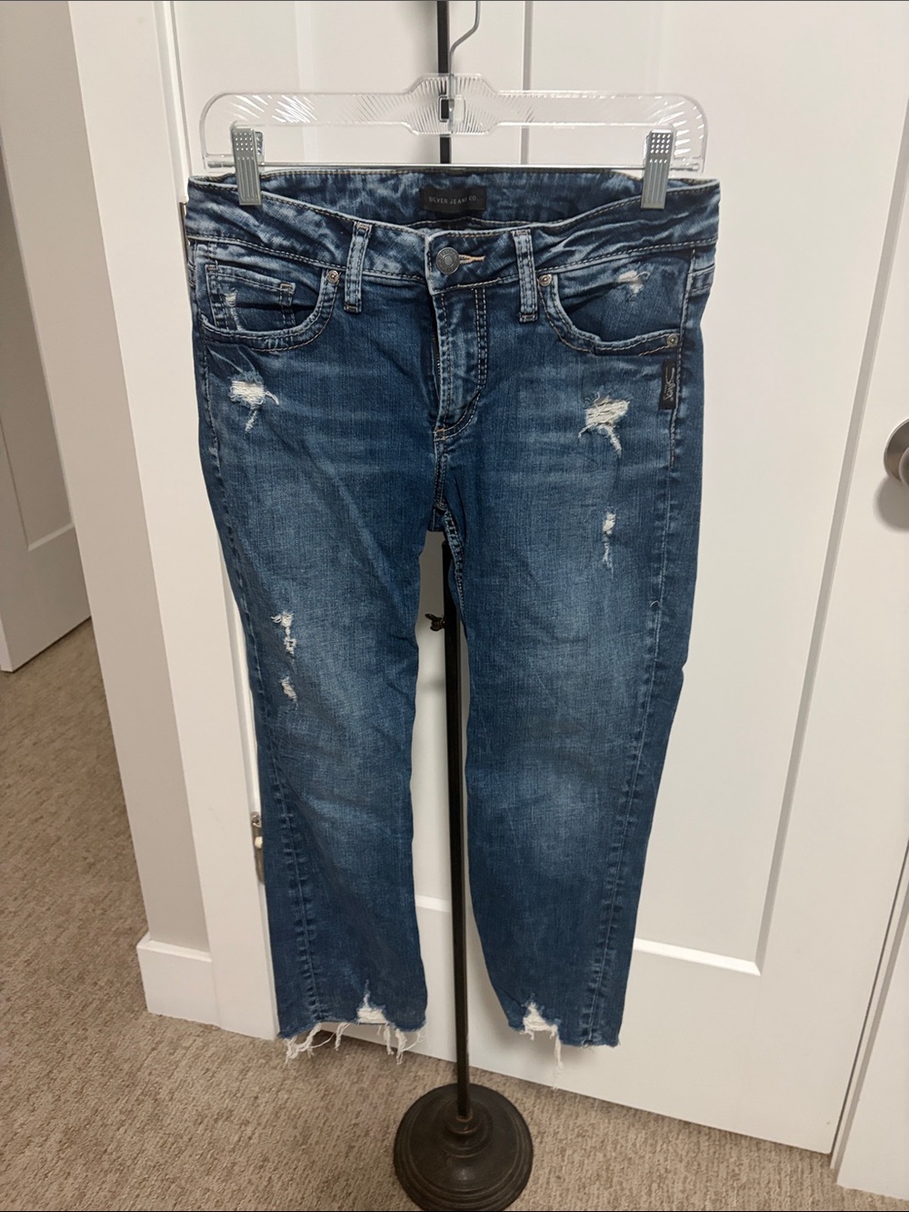 Silver Jeans Distressed Dark Blue Ankle Crop Jeans